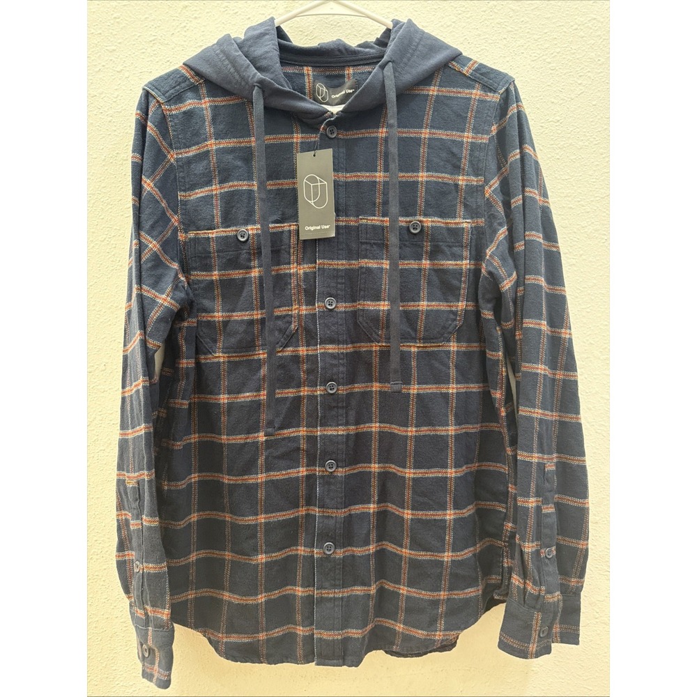 Original Use Mens Checked Hooded Long Sleeve Button-Down Shirt Navy Blue S
